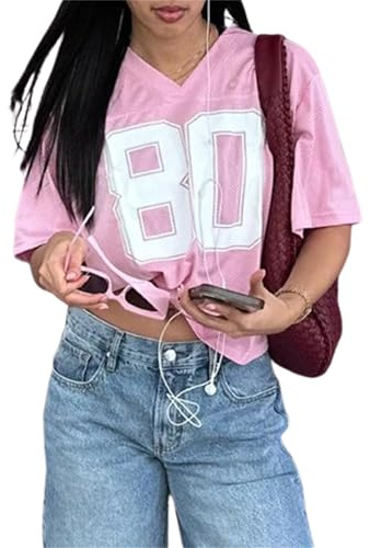 Women Oversized Jersey Shirts Y2k T Shirt Number Graphic Aesthetic Tee V Neck Short Sleeve Loose Fit Streetwear Top (B Pink, S)
