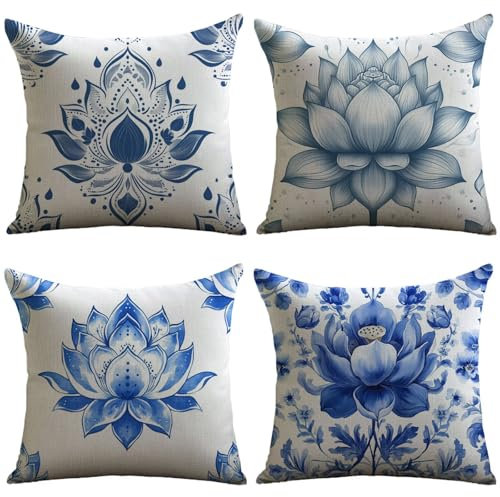 Cuscini Esterno Impermeabili Loto Federe Cuscini Divano 70x70 Set di 4 Copricuscini Divano Blu Fodere cuscino con Cerniera Invisibile per Soggiorno Letto Esterno Giardino Autunno Decorativi JL-606