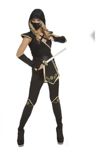 My Other Me - Disfraz Ninja Mujer, talla S. Incluye vestido con capucha y máscara negro, cinturón, manguitos y polainas negro con bordes dorados. ¡Conviértete en una guerrera sigilosa!