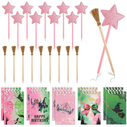 libfrnt 40 Pcs Princess and Witch Party Favors Include 10 Witch Broom Pencils 10 Pink Star Ballpoints 20 Mini Notebooks for Wizard Birthday Witch Halloween Party Supplies