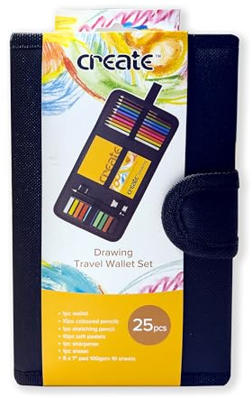 Create Drawing Set 25 pcs with Travel Bag - Colored and Sketching Pencils, Eraser, Sharpener and Accessories - Portable Art Kit for School and Studio - Holiday Supplies and Season Gift List