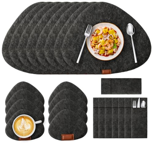 Lot de 8 sets de table en feutre lavables ovales gris avec 8 sets de table, 8 dessous de verre en feutre, 8 housses de couverts pour la maison, le restaurant, le café, le bureau 42 x 31 cm