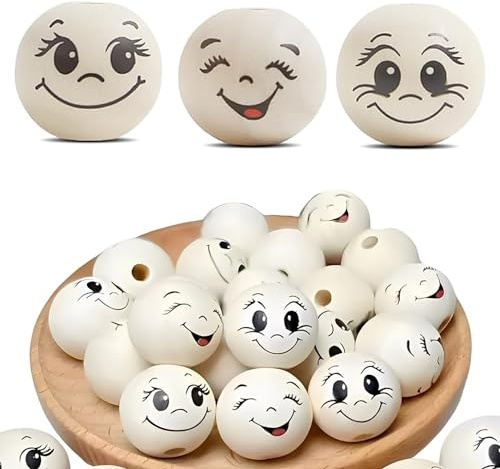 MOLIMOLI Palline di Legno con Faccia 20mm 80 Pezzi, Perline di Legno Foro e 8 Diverse Faccine Smiley per Worrys Worms, Gioielli Fai da Te, Portachiavi Progetti Artigianali