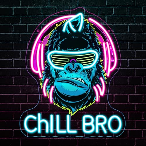 RuCvixkt Chill Bro Gaming Headset Cartel de neón para decoración de pared, cartel de neón de gorila, carteles LED de zona de juegos para sala de juegos, decoración de accesorios de juegos, decoración