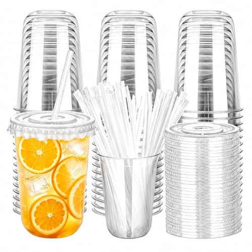 Återanvändbara Plastmuggar med Lock, 50 st 480ml (16oz), Smoothie Muggar med Återanvändbart Sugrör, Återanvändbara Muggar för Kalla Drycker, Juice, Cocktail, Milchthee, Diskmaskinssäkra | Återanvändbar mugg med lock för drycker på språng och fester.