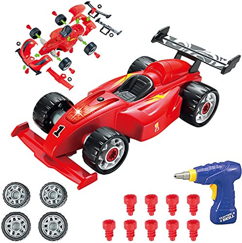 Pup Go F1 Take Apart Toys, 2 in 1 Build Your Own Racing Car Kit with Electric Drill Tool, 24 Pieces Construction Set, Building Toys for Age 3 4 5 6 7 8 Year Old Boys, STEM Construction Toys for Kids