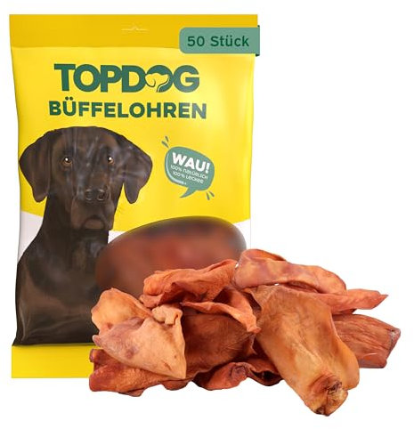 Topdog Büffelohren für Hunde 50 Stück - Wie Rinderohren - Ganze getrocknete Rinderohren für Hunde ohne fettige Muschel - Knabberohren mit Kauspaß, Genuss und Pflege