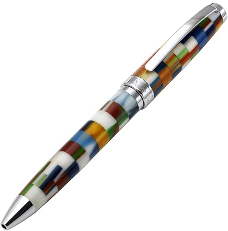 Xezo Stylo à bille à mécanisme tournant Urbanite II, pointe moyenne. Acrylique à damier multicolore jazzy sur laiton. Plaqué chrome. Fabriqué à la main, édition limitée, numéroté