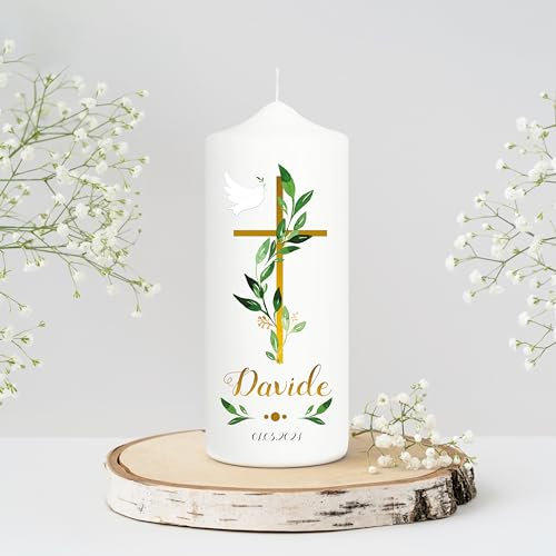 Bougie de parrainage garçon fille arbre avec animaux de la forêt, Bougie de baptême, naissance ou communion, blanc 18 x 7 cm avec nom et date