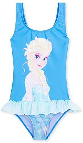 Disney Stitch Girls Swimming Costume Stretchy One Piece Swimsuit Comfy Teenagers Swimwear Beach Pool Holiday Essentials (Blue Elsa, 5-6 Years)