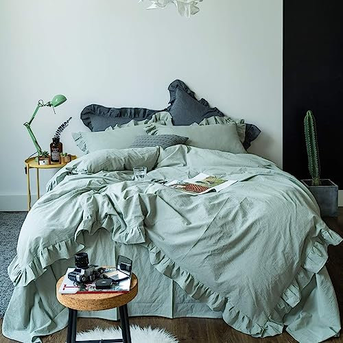 Lanqinglv Bettwäsche 200x200cm Salbeigrün Grün mit Rüschen,aus 100% Weiche Microfaser Doppelbett - Romantisch Bettbezug 200x200cm + 2 Kissenbezug 80x80cm,mit Reißverschluss