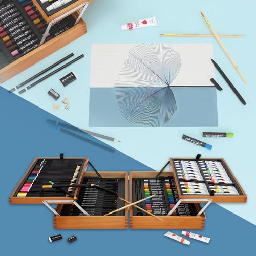 ECD Germany 127-Teiliges Malset mit Holzkoffer, Malkoffer für Kinder, XXL Malkasten, Kunst- und Zeichenset, Acrylfarben Aquarellfarben Buntstifte Pastellstifte Fineliner Bleistifte Pastell & Zubehör