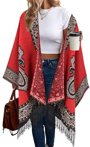 Breezy Lane Poncho per Donne con Scialle Stampato Avvolgente, Apertura Anteriore, Ruana in Maglia, Mantello, Coperta Oversize, Cardigan per Autunno e Inverno, Stampa rossa., Taglia unica