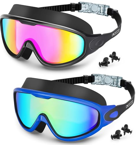 Water Space 2 Pack Swim Goggles, Swimming Goggles for Men Women Adult Youth, Anti-fog UV Protection Waterproof Large Frame 180° Wide View Clear Vision Swimming Goggles Pool Water Goggles