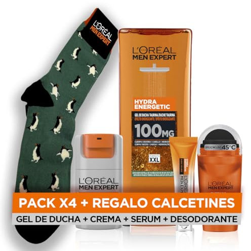 L'Oréal Men Expert Hydra Energetic Crema Idratante Anti-Fatica 24h Roll-On Occhi Effetto Ghiaccio Anti-Borse e Anti-Occhielli, Gel Doccia Hydra Energetic e Deodorante Thermic Resist 45 gradi