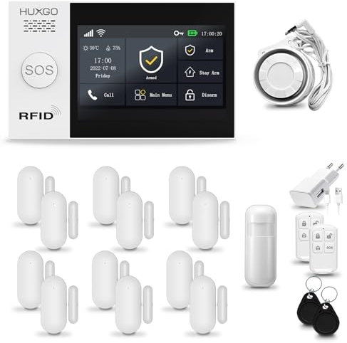 HUXGO® HXA007 Funk Alarmanlage Set WiFi + GSM 4G mit Sirene | Alarm System mit Bewegungsmelder, 12x Tür- Fenstersensor, Fernbedienung | Wohnmobil Alarmanlage | Smart Home Security