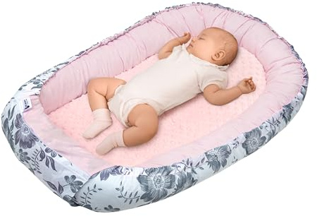 Medi Partners Babynest, gosig nest, babynest, 100% bomull, resesäng för spädbarn, 100 x 60 x 15 cm, avtagbar Bär med rosa Minky