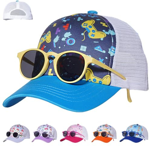 LUKIUP Set di 2 occhiali da sole da baseball per ragazzi e ragazze, cappellino regolabile per bambini, cappello da base per bambini, ragazzi, ragazze, regali a cartone animato, Gioco, 50/54 cm