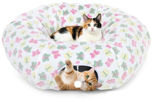 Tivray Tunnel pour Chat d’Intérieur, Tunnel-Lit en Peluche 90 cm avec Balle & Coussin Rond, Grotte Cache-Cache Multifonction, Jouet Interactif Cadeau pour Chats, Chatons, Lapins, Blanc & Papillons