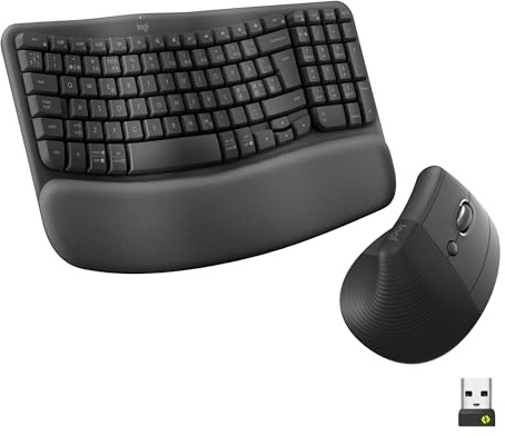 Logitech Wave Keys + Lift | Ergonomiskt trådlöst tangentbord + vertikal mus, vadderat handledsstöd, Bluetooth, Windows/Mac, PAN QWERTY - Grafit