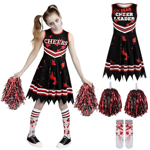 PILUZEAT Costume Cheerleader da Bambini Ragazza di Halloween Zombie Nero Abito da Sanguinante Con pompon e calzini di Carnevale Cosplay Mascherata Festa di Tema Horror 110-150 CM