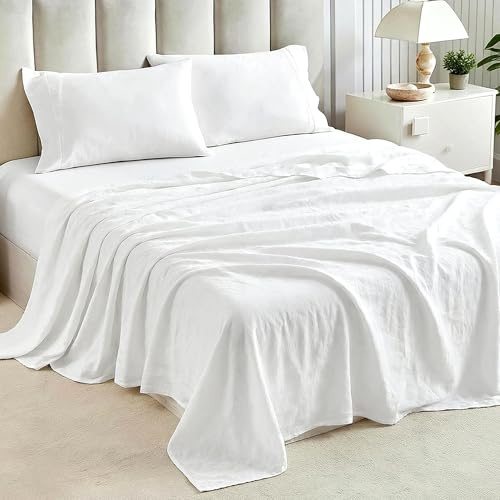 Tokokimo Juego de sábanas de 4 Piezas con Tacto de algodón y Lino Lavado, Ajustable Sábanas Bajera Cama 150x190/200cm con 2 Bolsillos Laterales, Sábana Plana 230x270cm, Fundas de, poliéster, Blanco