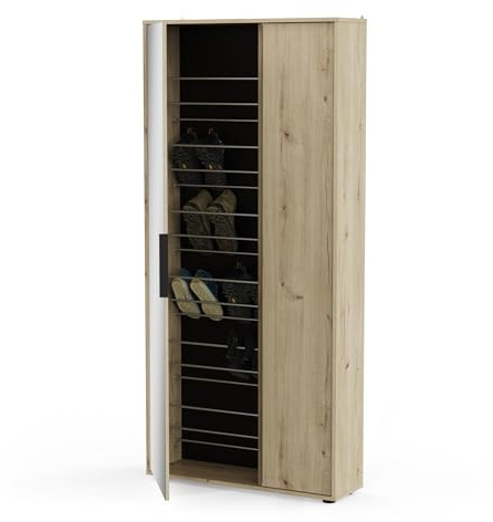 Demeyere Meuble à Chaussure Décor Bois de Chêne avec Grand Miroir – Peut Contenir Jusqu’à 17 Paires de Chaussures – Double Espace Rangement Chaussure et Etagères – Made in France