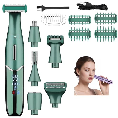 Rasoio elettrico 6 in 1, rasoio elettrico multifunzionale Wet & Dry per donna, rifinitore intimo indolore con display a LED per viso, zona bikini, gambe, ascelle e naso