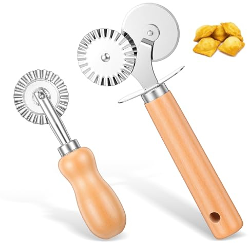 Qianyu Juego de 2 piezas de doble acanalado y una sola hoja dentada, rueda para cortar pasta, rueda de corte de pizza con mango de madera, pasta y cortador de raviolis con estriado
