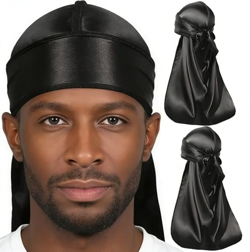 Paquete de 2 Durag de Seda Long Tail Durag Durag Headwraps Gorro de Onda con Cola Larga Transpirable Hip-Hop y decoración Diaria Pirata Cap Unisex