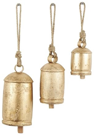 Deco 79 Dekorative Kuhglocken im tibetischen Stil aus Metall mit Jute-Hängeseil, 3er-Set, 25,4 cm, 20,3 cm, 15,2 cm hoch, Gold