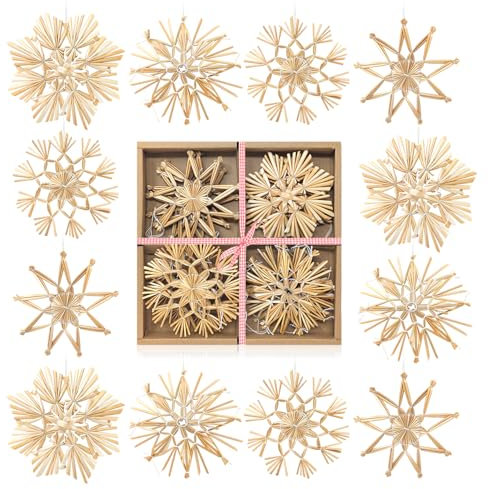 com-four® 12x Strohsterne im Mix-Set - Christbaum-Schmuck - Stroh-Anhänger für den Weihnachtsbaum - natürlicher Christbaum-Behang - Weihnachtsdekoration - Ø 11 cm