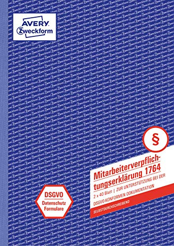 Avery Zweckform 1764 - Licencia para empleados (conforme a DSGVO, A4, papel autocopiante, 2 x 40 hojas, formulario de protección de datos), color blanco y amarillo