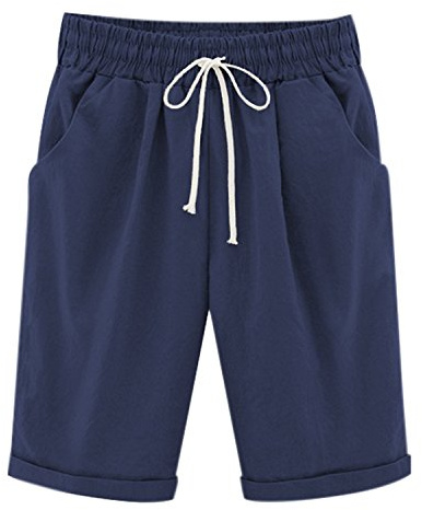 Petalum Women's Casual Summer Shorts Drawstring Elastic Waist Knee Length Curling Jersey Bermuda Shorts(Dark Blue,Size 20/Tag 5XL)