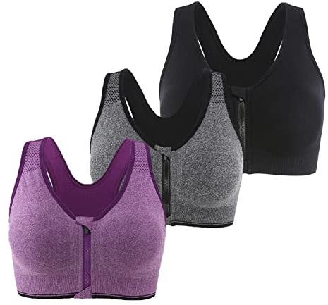 Leezepro Soutien-Gorge de Sport Post-opératoire Brassière Femme Zippée Avant Zipper Lingerie avec Coussinets Amovibles Push Up Courir Vest pour Fitness Jogging Yoga Course