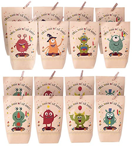 JOYGOGO 16 Papier Monster Geschenktüten, Bunt Geschenktüten mit 8 verschiedenen süßen Monstermotiven für Mitgebsel, Geschenke, Kindergeburtstage und Hochzeit Geschenk Papiertasche, Deko Taschen