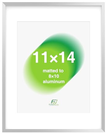 FrameWorks 11x14 Matted to 8x10 Picture Frame – Aluminum Frame w/Tempered Glass, Removable Mat for Photos, Posters, Art, Stylish Wall Frame for Home Decor, Gallery Walls, Office, Living Room - Silver