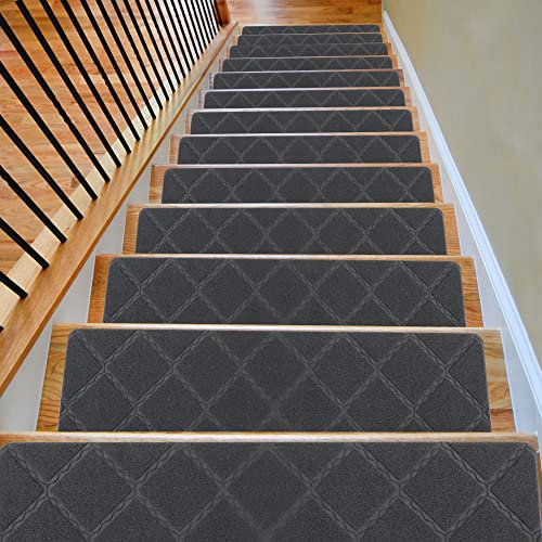 Triceratops 8x 30 (14-Pack) Carpet Stair Treads, Non-Slip Carpet Stair Runner with Non Skid Rubber Backing Removable Washable Step Runners Perfect for Pets, Elders（Gray