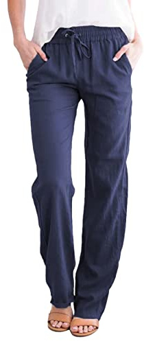 Voqeen Womens Trousers Casual Cotton Linen Pants Summer Drawstring Elastic Waist Pants with Pockets Lightweight Comfy Straight Trousers Navy