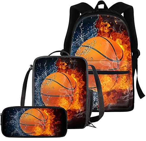 chaqlin Sport Basketball Sac à dos pour adolescents adultes, 3 pièces de basket-ball avec étui à crayons, boîte à lunch isotherme pour garçons filles, sac à dos de voyage de avec poche latérale