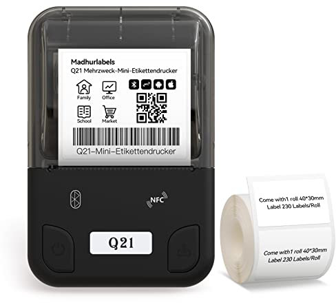 Madhurlabels Q21 Tragbarer Handgerät Thermo Tragbarer Etikettiergerät Bluetooth-Etikettendrucker für kleine Unternehmen im Heim Büro, mit 1 Packung 40 × 30 mm Etikett, kompatibel mit iOS Android USB