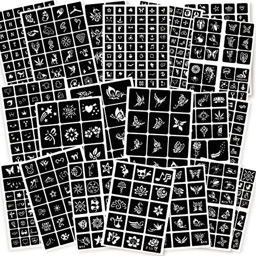 ChurlChurl Set di 575 stencil per tatuaggi temporanei, 20 fogli di, per donne, ragazze, bambini e ragazzi, per il viso, fai da te, con glitter e tatuaggi
