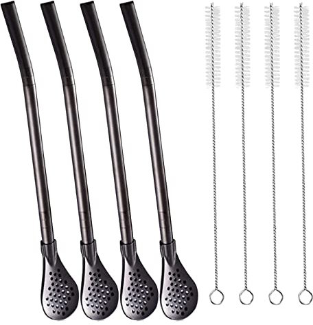 Yerba Mate Lot de 4 cuillères filtrantes amovibles en acier inoxydable et 4 brosses de nettoyage, pailles Bombilla réutilisables, agitateur en métal pour café, thé, cocktail (noir)