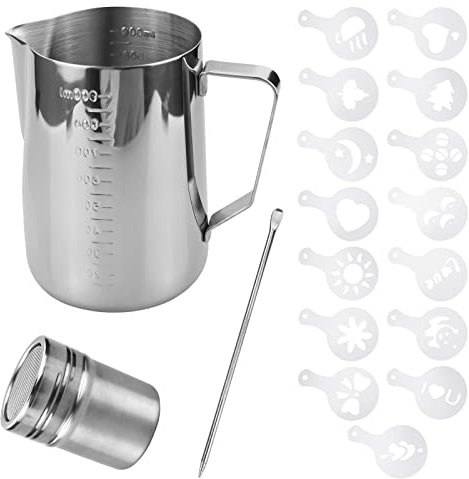 Brocca per latte 900 ml, shaker per polvere con coperchio, moldan e penna per latte in acciaio inox per schiuma di latte, per cioccolata calda, cappuccino, caffè, latte, latte e latte