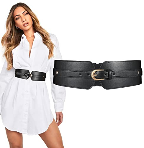 JASGOOD Women Wide Belt Elastic Vintage Buckle Leather Belt for Ladies Dress(Black,Fit Waist Size 26-31 Inch)
