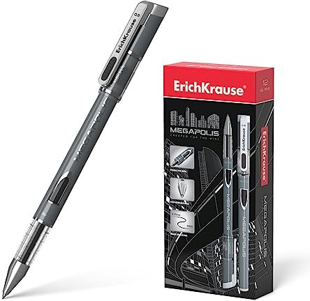 Erich Krause Megapolis - Bolígrafos de gel de 0,35 mm, 12 unidades, color negro, escritura fácil y suave, forma delgada, bolígrafo de gel para la escuela y suministros de oficina, no lubricante, color