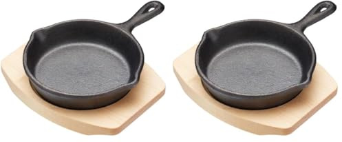 Artesà Mini Frying Pan with Wooden Serving Board in Gift Box, Round, Cast Iron, 11.5 x 10.5 cm (Without Handle), 11.5 x 16cm (with Handle), Black/Beige, Small Size Serving Pan (Pack of 2)