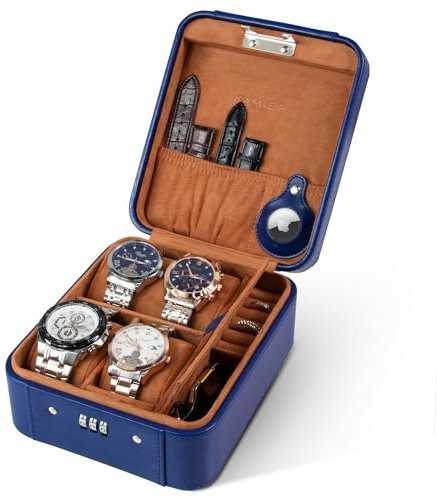 KAMIER Scatola per orologi 4, con lucchetto meccanico a combinazione, da uomo e da donna, anelli e scatola per orologi da uomo, in pelle PU, idea regalo (con confezione regalo), blu