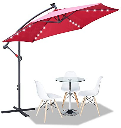 Tubiaz Parasol déporté solaire à LED - 300 cm - Avec manivelle en aluminium - Avec support - Protection UV - Imperméable - Pour balcon jardin terrasse - Rouge