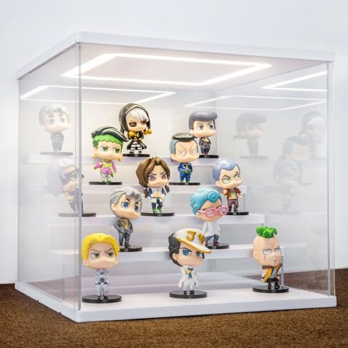 AZEYN Vitrine Acrylique Transparente avec Éclairage LED, Boîte d'Exposition 3/4/5/6 Niveaux Anti-Poussière Vitrine Présentoir pour Figurines, Collections, Modèles (Blanc, 5 Étagère 32 x 31 x 30cm)